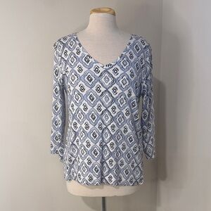 Chico's Blue and White Diamond Pattern Long Sleeve Top